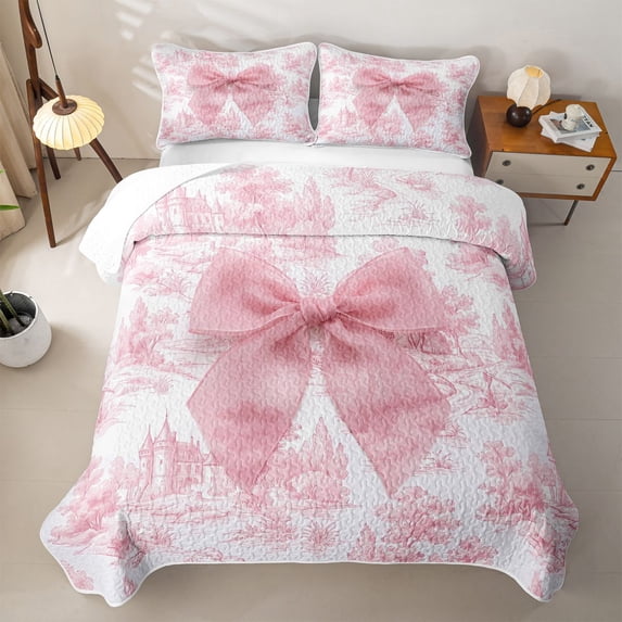 Erosebridal Girly Pink Bowknot Quilt Full for Girls Boys, Princess Fairy Castle Full Bedspread Sets, 3pcs