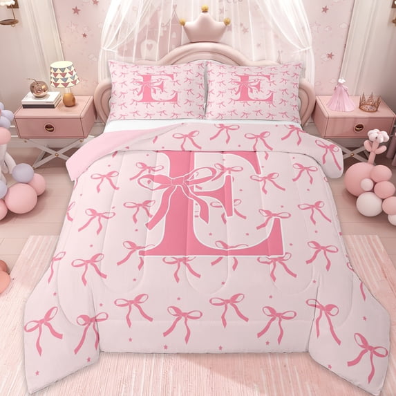 Erosebridal Girly Pink Bows Full Size Comforter Sets,Initial Letter E Alphabet Bedding Sets For Kids,Pink Reversible,3-Piece