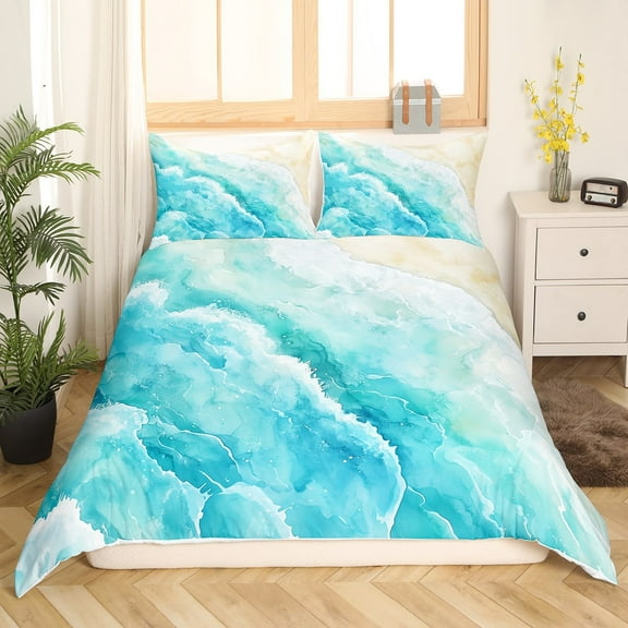 Erosebridal Ocean Beach Comforter Cover Twin,Teal White Bedding Twin Size,Sea Waves Decor,3Pcs