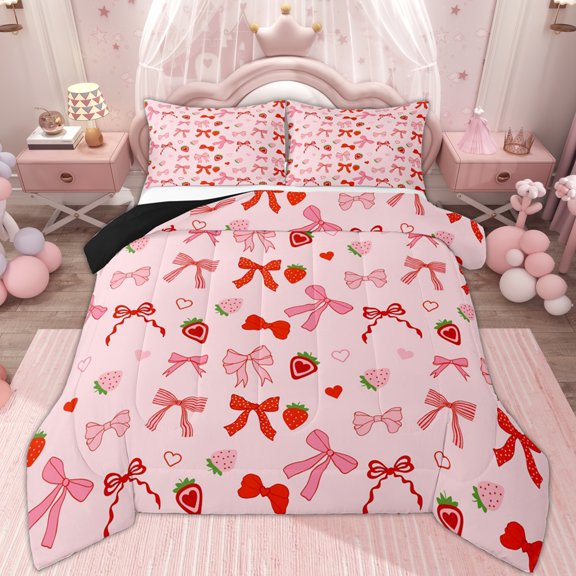 Erosebridal Girly Pink Ribbon Queen Comforter Set, Cartoon Strawberry Bedding Comforter Set, 3pcs