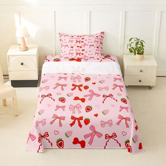 Erosebridal Girly Pink Ribbon Twin Sheet Sets, Cartoon Strawberry Bedding, 3pcs