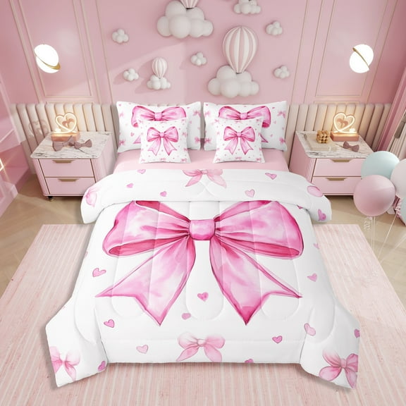 Erosebridal Girly Pink White Full Comforter Set 7 Piece,Cute Bow Bed In A Bag With Sheets Dreamy Princess Bedding Set Teen Women,Kawaii Bowknots Bow Tie Sheet Set With Comforter