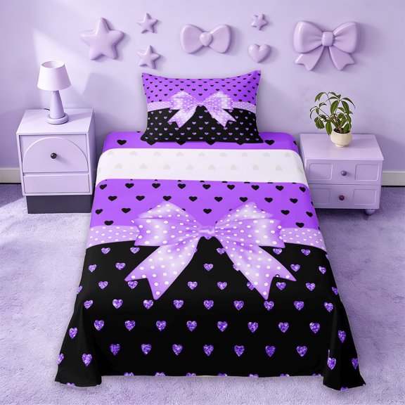 Erosebridal Girly Purple Bow Tie Twin Sheet Sets,Cute Loves Heart Bedding For Kids 3pcs