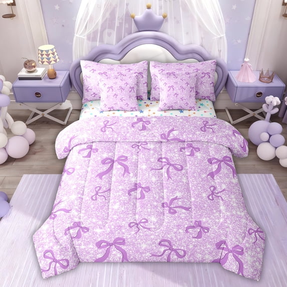 Erosebridal Girly Purple Bow Twin Bedding Sets 7-Piece, Glitter Princess Cartoon Bedding Comforter Set