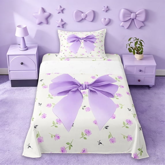 Erosebridal Girly Purple Cartoon Bowknot Twin Sheet Sets,Kawaii Flowers Floral Bedding For Kids 3 Pieces
