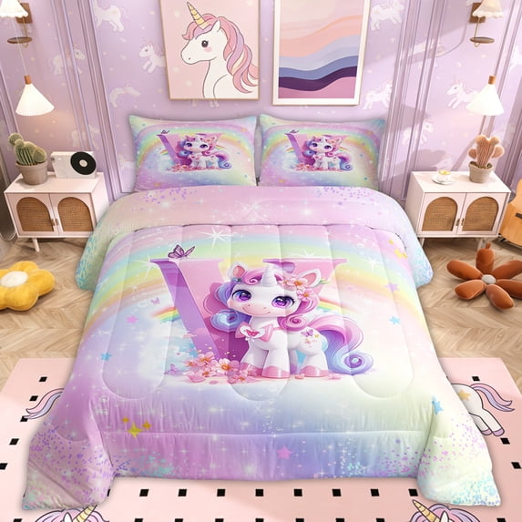 Erosebridal Girly Unicorn Comforter Sets Twin Size, Romantic Initial V Comforters & Duvets, Kawaii Rainbow Decor, Reversible