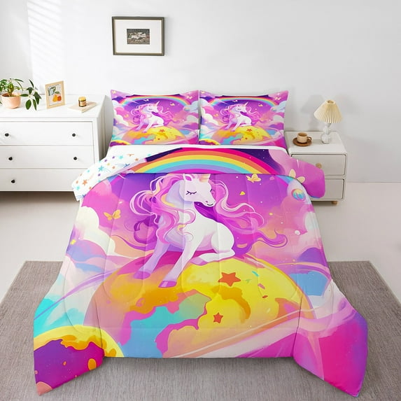 Erosebridal Girly Unicorn Comforter Sets Twin Size , 2 Pieces, Stars Reversible