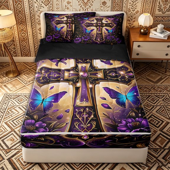 Erosebridal Glam Butterfly Graphic Zipper Twin Comforter Sets with Fitted Sheet and 2 Pillowcases,Blooming Floral Zipper Bedding Set,Violet Blue Gold,Black Reversible