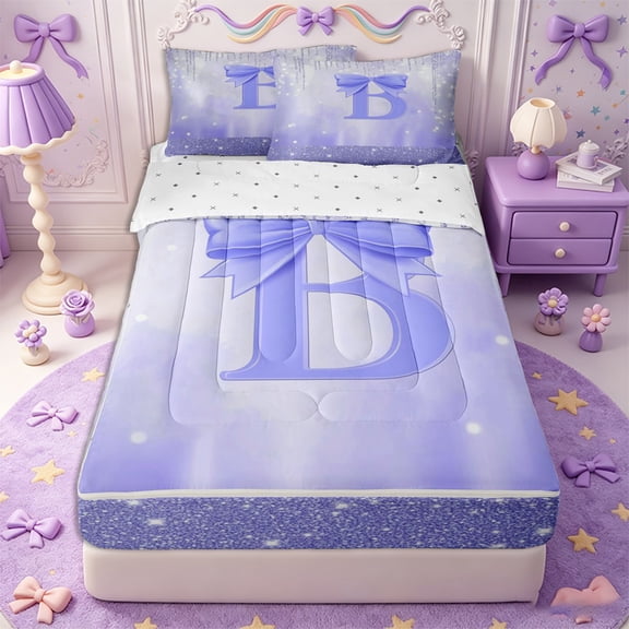 Erosebridal Glam Glitter Letter B Zipper Twin Comforter Sets with Fitted Sheet and 2 Pillowcases,Large Lavender Satin Bow Topper Zipper Bedding Set,Lilac Silver,4-Piece,Reversible