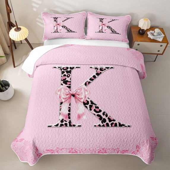 Erosebridal Glam Leopard Print Letter Quilt Full for Girls, Bowknot Monogrammed K Full Bedspread Sets, 3pcs
