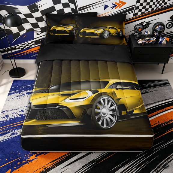 Erosebridal Glam Racing Zipper Twin Comforter Sets with Fitted Sheet and 2 Pillowcases,High Speed Car Pattern Zipper Bedding Set,Gold Black,Black Reversible