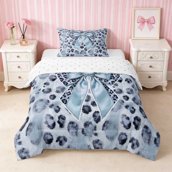 Erosebridal Glam Satin Bow Ribbon Twin Comforter Sets for Girls, Romantic Floral Print Bedding Set, Reversible 2 Pieces 1 Comforter and 1 Pillowcase