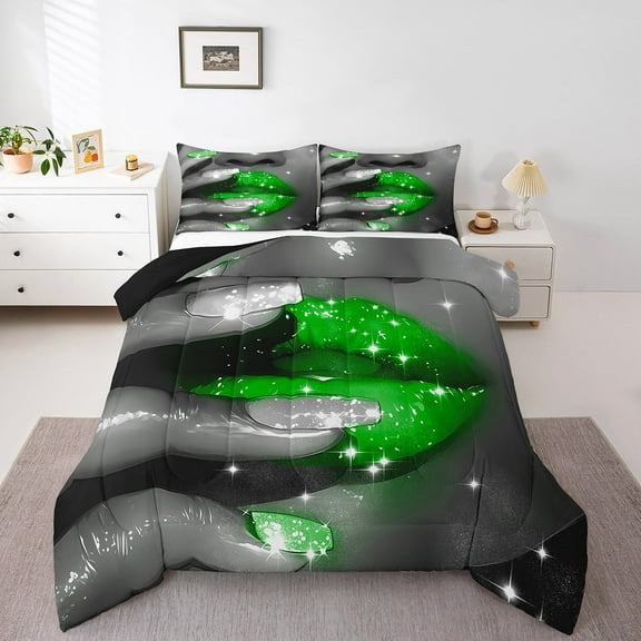Erosebridal Glitter Lips Bedding Sets Full With Comforter,Bling Sparkling Duvet Insert,Grey Green Comforter Sets Full Size,Ultra Soft Sparkle Room Decoration,Reversible,3Pcs