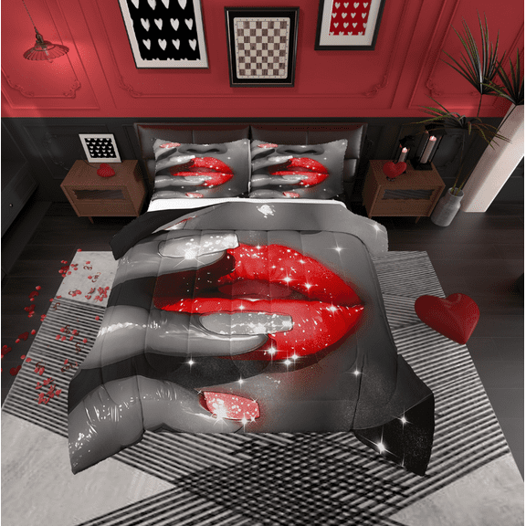 Erosebridal Glitter Lips Bedding Twin Comforter Set,Bling Sparkling Down Comforter,Grey Red Bedding Sets Twin With Comforter,Ultra Soft Sparkle Room Decoration,Reversible,2-Piece