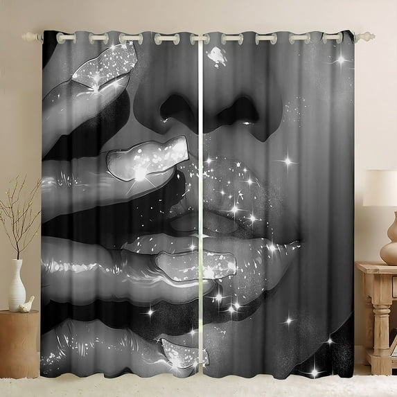 Erosebridal Glitter Lips Curtains and Drapes (38Wx54L),Bling Sparkling 30%-50% Blackout Curtains for Bedroom,Grey White Curtains Pack of 2 (38Wx54L),Sparkle Room Decoration