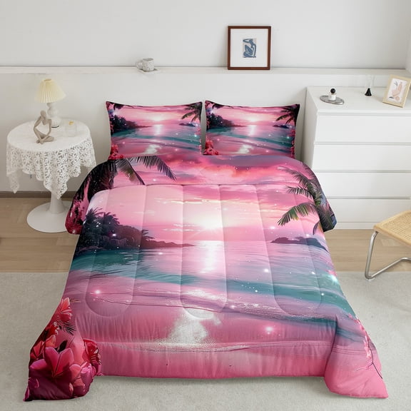 Erosebridal Glitter Ocean Bedding Twin Comforter Set, Tropical Flower Down Comforter, Beach Sunset Decor, Reversible 2pcs