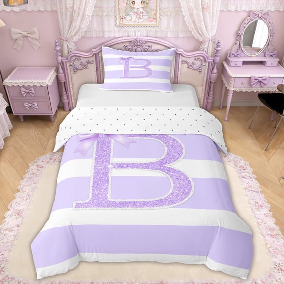 Erosebridal Glitter Print Bow Letter B Twin Bedding for Girls, Purple Stripes Ribbon Duvet Cover Set, Reversible, 1 Duvet Cover and 1 Pillowcase (No Comforter)