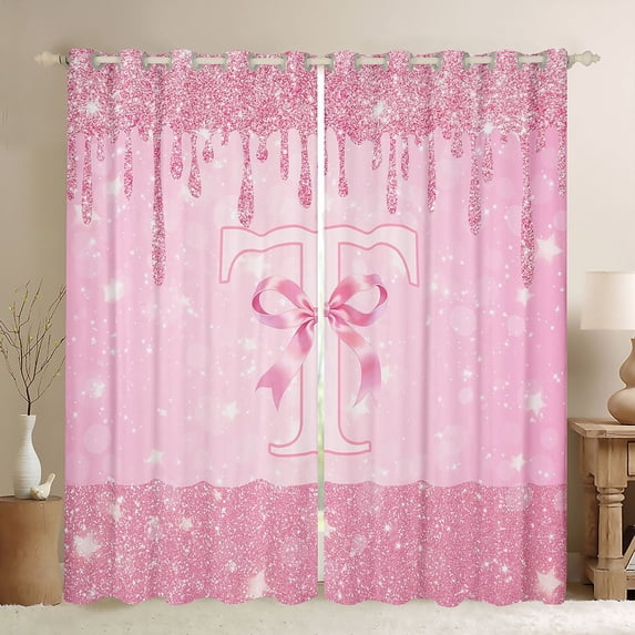 Erosebridal Glitter Print Bow Tie Curtains Pack of 2 (42x84 Each) For Girls,Letter T Initial Curtains Blackout