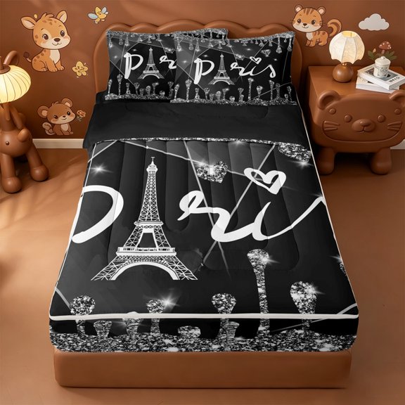 Erosebridal Glitter Print Diamond Zipper Queen Comforter Set with Fitted Sheet and 2 Pillowcases,Eiffel Tower Print Zipper Bedding Set For Girls,Black Reversible,4pcs