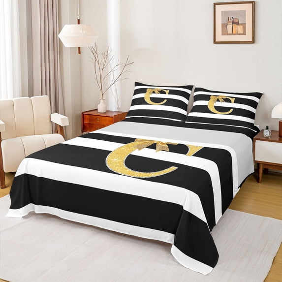 Erosebridal Glitter Print Letter Queen Sheet Sets, Bowknot Monogrammed C Bed Set, 4pcs