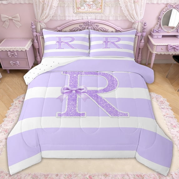 Erosebridal Glitter Print Letter R Full Size Comforter Sets for Girls, Purple Princess Bow Bedding Sets for Women, Reversible, 3pcs