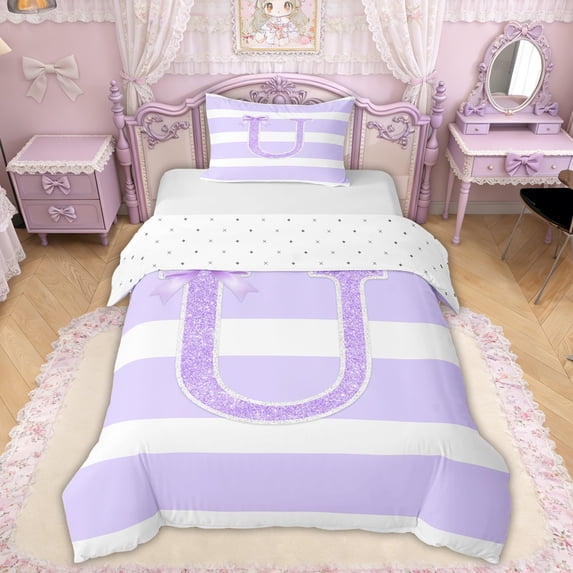 Erosebridal Glitter Print Letter U Bow Twin Bedding for Girls, Purple Stripe Line Duvet Cover Set, Reversible, 1 Duvet Cover and 1 Pillowcase (No Comforter)