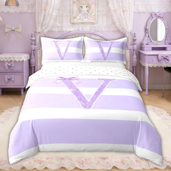 Erosebridal Glitter Print Letter V Bow Duvet Cover Set for Girls, Purple Stripe Line Bedding Full, Reversible, 1 Duvet Cover and 2 Pillowcases (No Comforter)