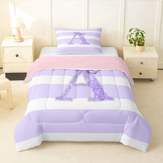 Erosebridal Glitter Print Personalized Initial A Girl Twin Comforter Sets 3-Piece,Kids Teens Purple Bow Geometric Stripes Bedding Set,Pink Reversible