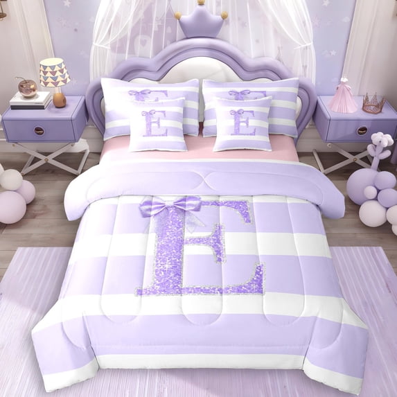 Erosebridal Glitter Print Personalized Initial E Girl Bedding Comforter Set 7pcs,Kids Teens Purple Bow Geometric Stripes Queen Bedding Sets,Pink Reversible
