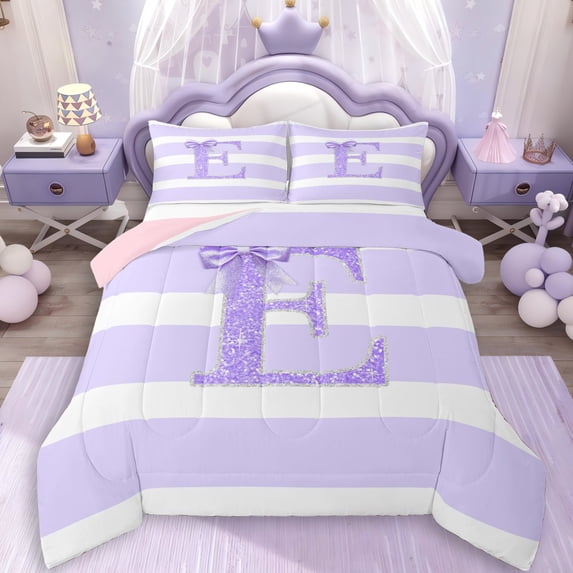 Erosebridal Glitter Print Personalized Initial E Girl Queen Comforter Set 3pcs,Kids Teens Purple Bow Geometric Stripes Bedding Comforter Set,Pink Reversible