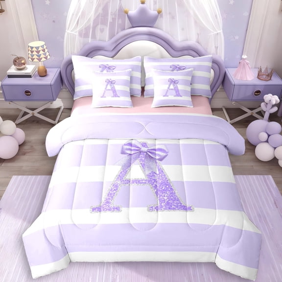 Erosebridal Glitter Print Personalized Initial A Girl Twin Bedding Sets 7-Piece,Kids Teens Purple Bow Geometric Stripes Bedding Comforter Set,Pink Reversible