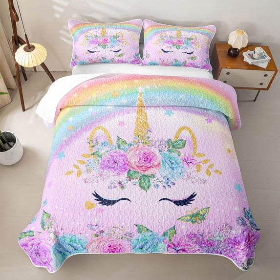 Erosebridal Glitter Purple Unicorn Twin Quilt Set for Girls, Watercolor Rainbow Floral Twin Coverlet Set, 2-Piece