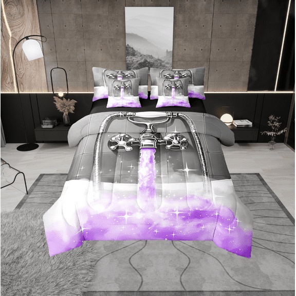 Erosebridal Glitter Showerhead Bedding Sets Twin Size,Dreamy Princess Comforter Sets with Sheets,Purple Grey Bed in a Bag Twin size,Lightweight Bling Bedroom Decoration,Reversible,7-Piece