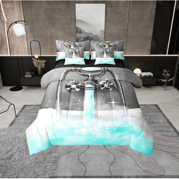 Erosebridal Glitter Showerhead Bedding Sets Twin Size,Dreamy Princess Comforter Sets with Sheets,Teal Grey Bed in a Bag Twin size,Lightweight Bling Bedroom Decoration,Reversible,7-Piece