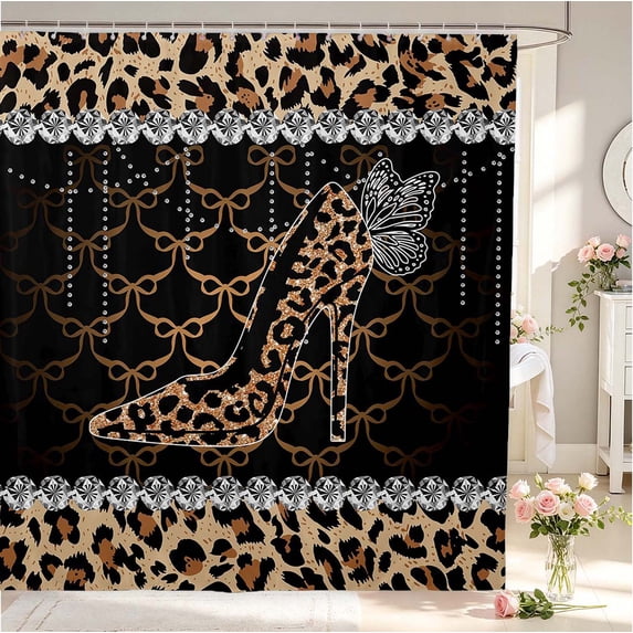 Erosebridal Glittery Cheetah High Heels Shower Curtain 72Wx72L,Sparkle Bow Pearl Bathroom Curtain,Brown Tan