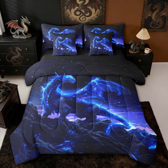 Erosebridal Glowing Starry Blue Dragon Bedding Comforter Set for Boys and Girls, Blue Cosmic Fantasy Queen Bedding Sets, Black Reversible, 7 Pieces