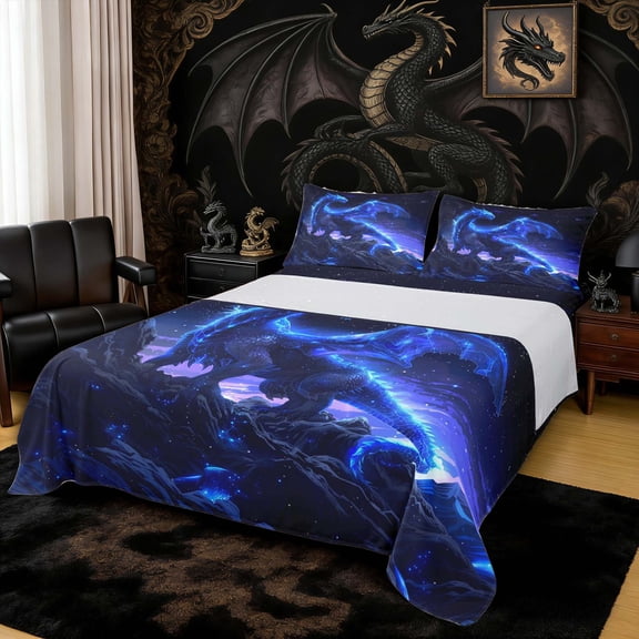 Erosebridal Glowing Starry Blue Dragon Full Size Sheets for Boys and Girls, Blue Cosmic Fantasy Bed Sheets, 4pcs, 1 Flat Sheet, 1 Fitted Sheet and 2 Pillowcases