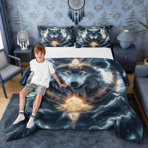 Erosebridal Glowing Wolf Golden Rune Circle Print Queen Comforter Set, Mystic Celestial Bedding Comforter Set for Men and Women, Black Reversible 3pcs, 1 Comforter and 2 Pillowcases