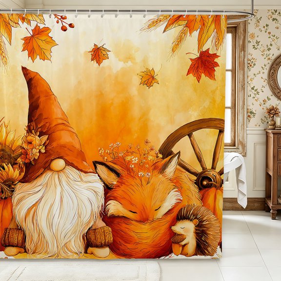 Erosebridal Gnome Forest Shower Curtain 72Wx72L,Fall Scene Bathroom Curtain,Orange
