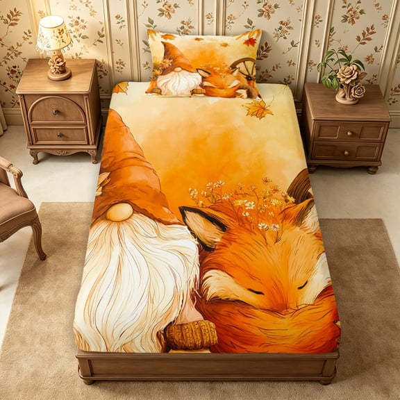 Erosebridal Gnome Forest Twin Fitted Sheet 2 Pieces,Fall Scene Bedding,Orange,1 Fitted Sheet and 1 Pillowcase
