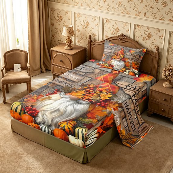 Erosebridal Gnome Pumpkin Twin Sheets 3pcs,Fall Harvest Bedding,Brown,1 Flat Sheet, 1 Fitted Sheet and 1 Pillowcase