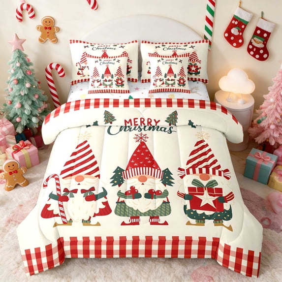 Manfei Gnome Queen Bedding 7 Pieces Nisse Bedding Comforter Set Queen, Teal Pink, Xmas Reversible