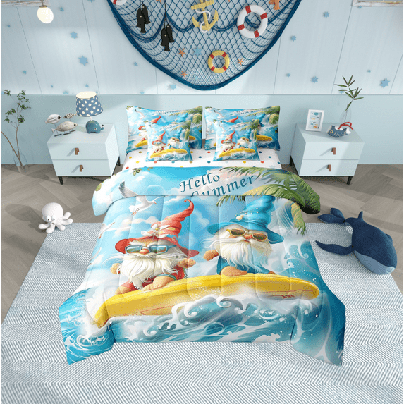 Erosebridal Gnome Surfing Bedding Sets Twin Size,Ocean Sea Comforter Sets with Sheets,Summer Holiday Bed in a Bag Twin size,Microfiber Cartoon Bedroom Decorative,Reversible,7-Piece