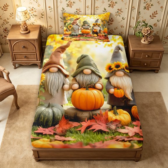 Erosebridal Gnome Trio Twin Fitted Sheet 2 Pieces,Fall Forest Bedding,Yellow,1 Fitted Sheet and 1 Pillowcase