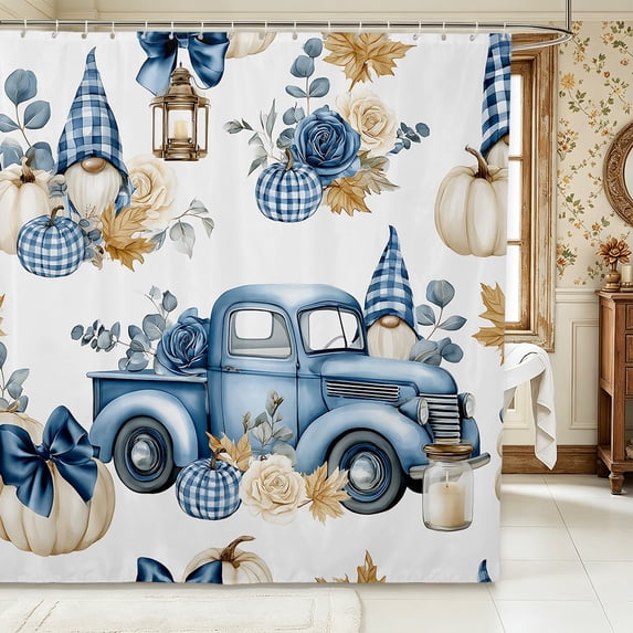 Erosebridal Gnome Truck Shower Curtain 72Wx84L,Fall Farm Bathroom Shower Curtain,Light Blue