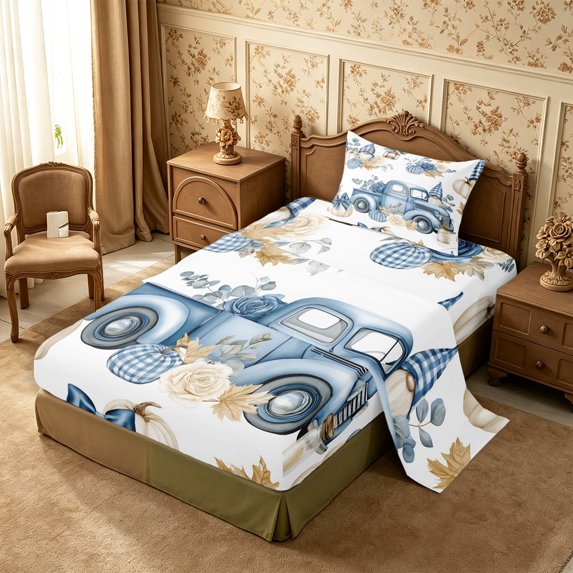 Erosebridal Gnome Truck Twin Sheets 3pcs,Fall Farm Bedding,Light Blue,1 Flat Sheet, 1 Fitted Sheet and 1 Pillowcase