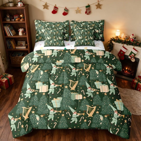Manfei Gnome Twin Bedding 7pcs Nisse Bedding Comforter Set, Slate Red, Xmas Reversible