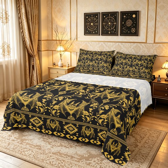 Erosebridal Gold Aztec Bat King Sheets, Geometric Damask Bedding, Black Gold, Black Reversible, 4-Piece, 1 Flat Sheet, 1 Fitted Sheet and 2 Pillowcases