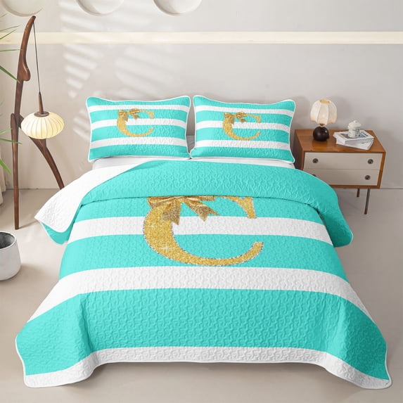 Erosebridal Gold Bow Letter C Twin Quilt Set, Cyan Stripes Twin Coverlet Set, 2-Piece