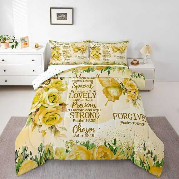 Erosebridal Gold Butterfly Comforter Sets King Size, Inspirational Quotes Down Comforter, Rose Floral Decor, 3pcs